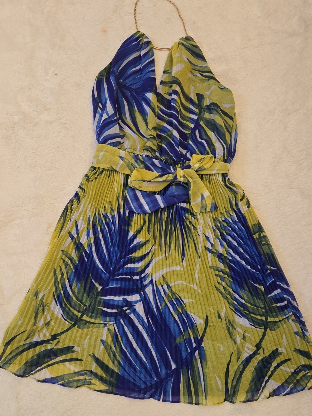 Max & Cleo Blue and Green Tropical Halter Dress